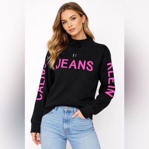 Calvin Klein Jeans Black Pink Logo Mock Neck Pullover Sweater Size M Streetwear